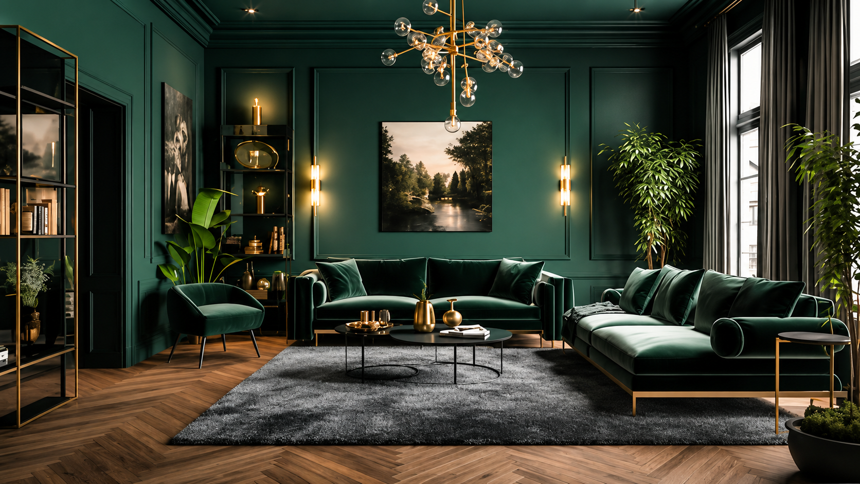 Luxury dark green living room interior